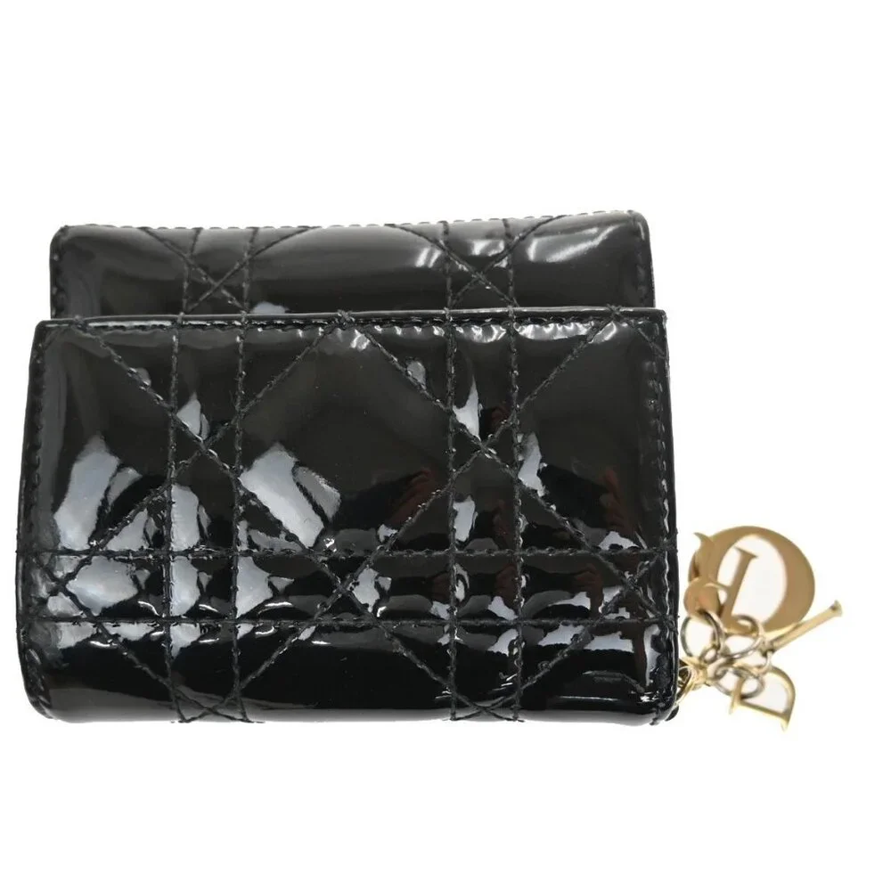 CHRISTIAN DIOR Cannage Trifold Compact Wallet Patent Leather Black GHW 35TA317